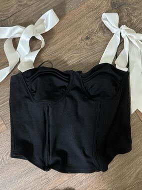 American Threads Black Bustier Top with White Ribbon Straps